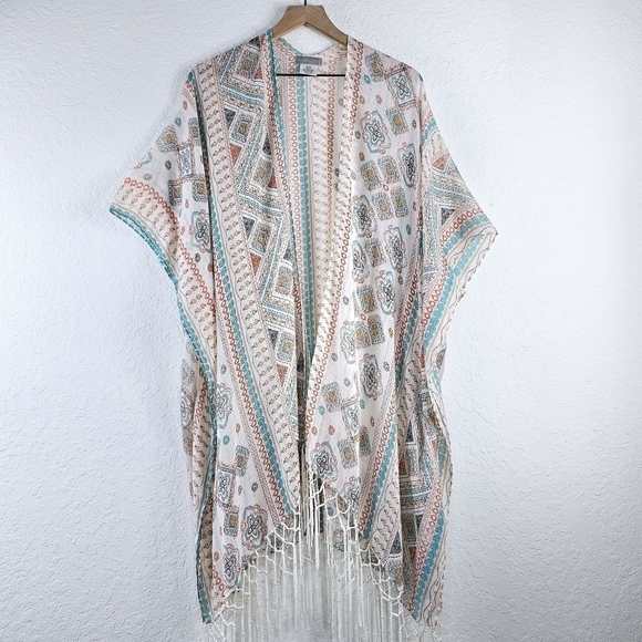 Lake Shore Drive Boho Tassel Ethnic Kimono Kaftan Duster Topper Wrap Shrug - Picture 1 of 13